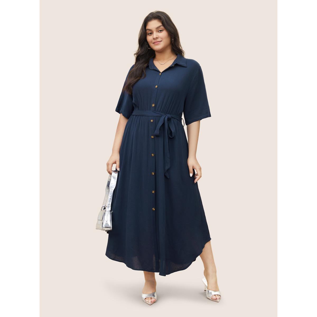 Belted Shirt Collar Button Plus Size Shirtdress Women Workleisure Plain Sleeve Short Sleeve Shirt Collar Pocket Workwear Long Dress BloomChic Product Image