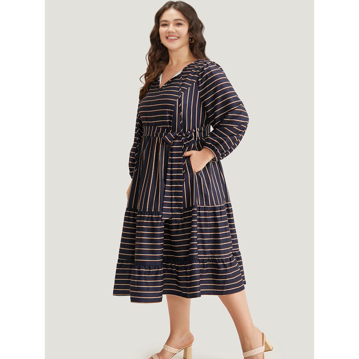 Plus Size Striped Tie Neck Pocket Ties Dress Indigo Women Vacation Elastic cuffs Tie Neck Long Sleeve Curvy Midi Dress BloomChic 30/6X Product Image