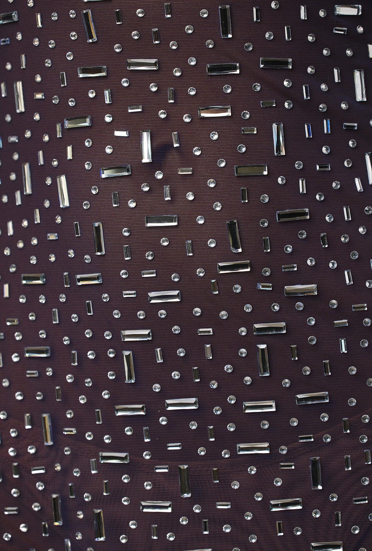 Sheer Embellished Long Sleeve A-Line Mini Dress in Navy Product Image