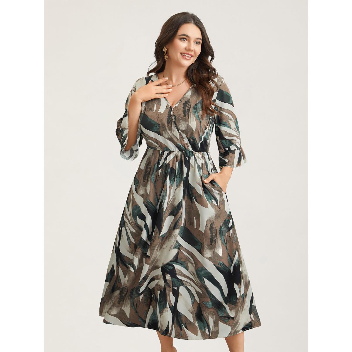 Plus Size Abstract Print Lotus Leaf Cuff Pockets Dress DarkBrown Women Elegant Ruffles Overlap Collar Elbow-length sleeve Curvy BloomChic 22-24/3X Product Image