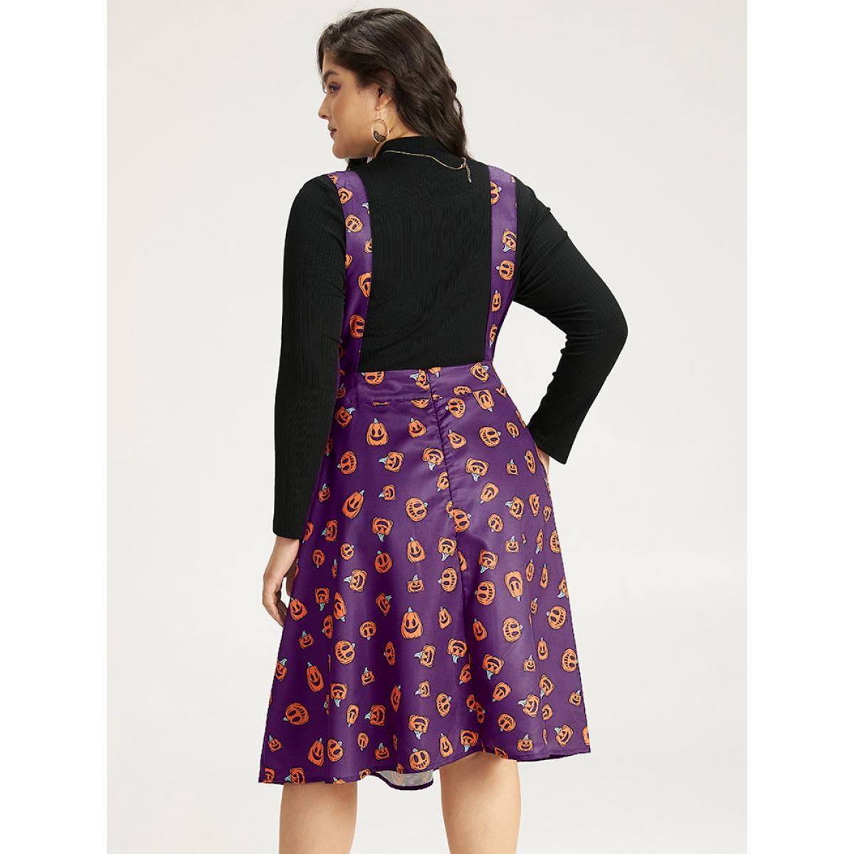 Plus Size Halloween Pocket Pumpkin Print Overall Cami Dress Black Women Playful Adjustable Straps Spaghetti Strap Sleeveless Curvy Midi Dress BloomChic 18-20/2X Product Image