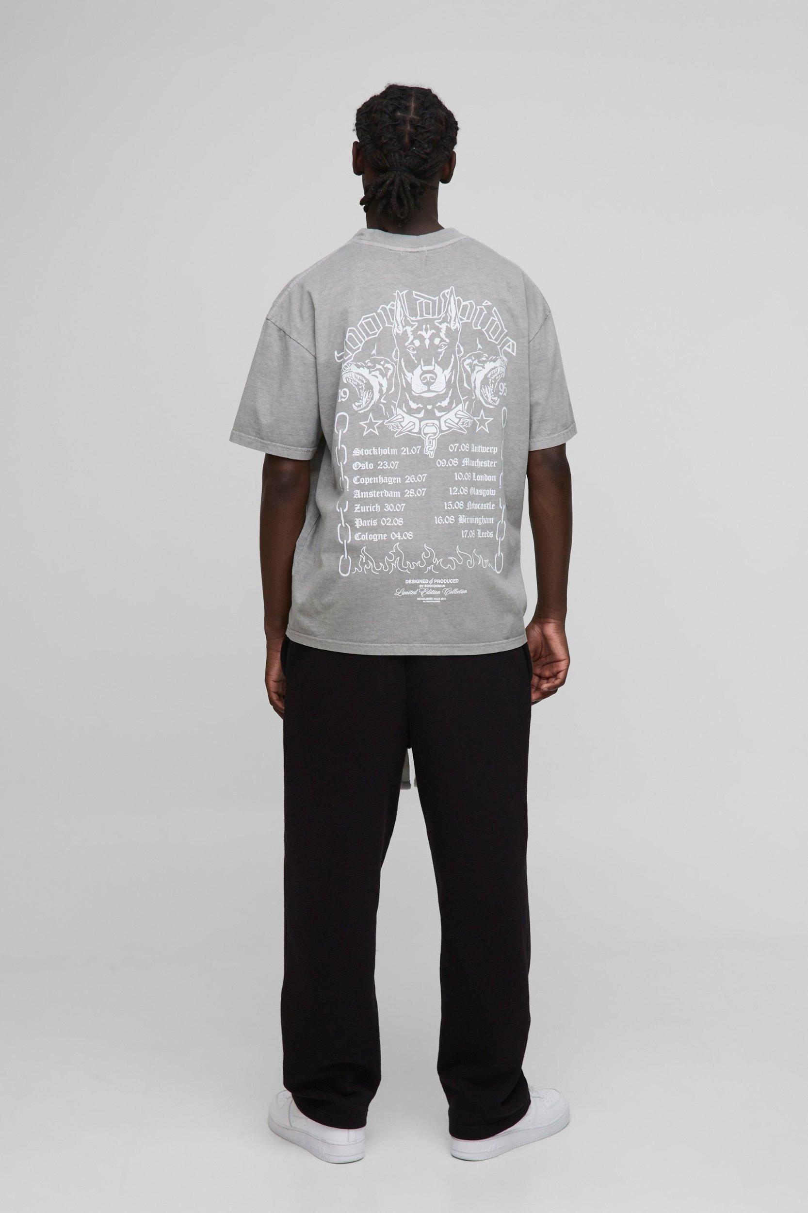 Oversized Extended Neck Worldwide Gothic Dog Graphic Washed T-Shirt | boohooMAN USA Product Image