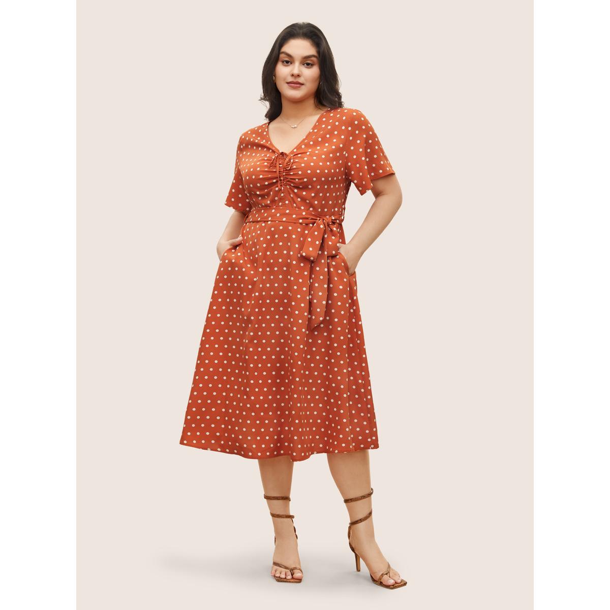 Plus Size Polka Dot Drawstring Belted Ruffle Sleeve Dress OrangeRed Women Elegant Non V-neck Short sleeve Curvy Midi Dress BloomChic 14-16/1X Product Image