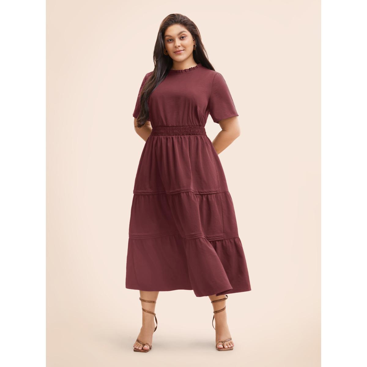 Plus Size Plain Frill Trim Ruffle Layered Hem Dress Cyan Women Timeless Tucked seam Mock Neck Short sleeve Curvy BloomChic 18-20/2X Product Image