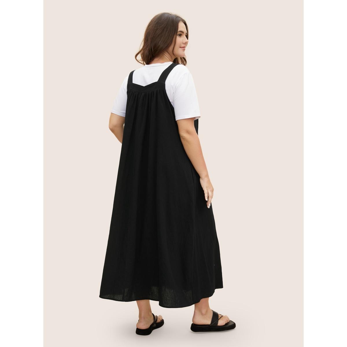 Plus Size Cotton Solid Adjustable Straps Pocket Midi Dress Black Women Leisure Gathered Non Sleeveless Curvy BloomChic 18-20/2X Product Image