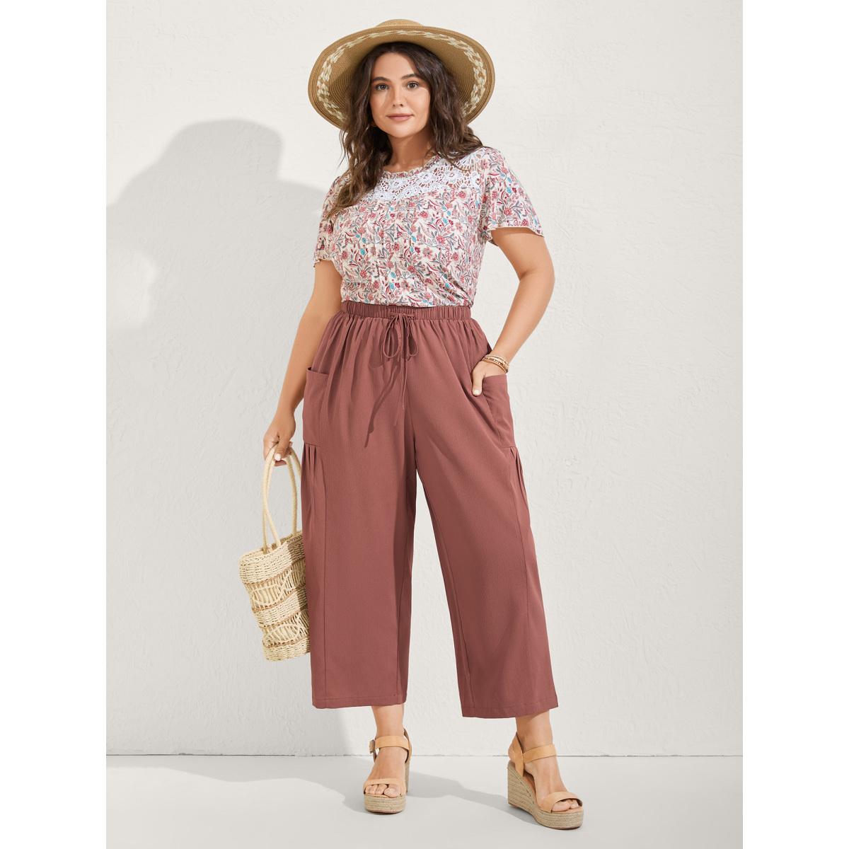 Plus Size Stretchy Pockets Waist-Tie Straight Pants Women Rust Boho Bodycon Mid Rise Vacation Pants BloomChic 28/5X Product Image