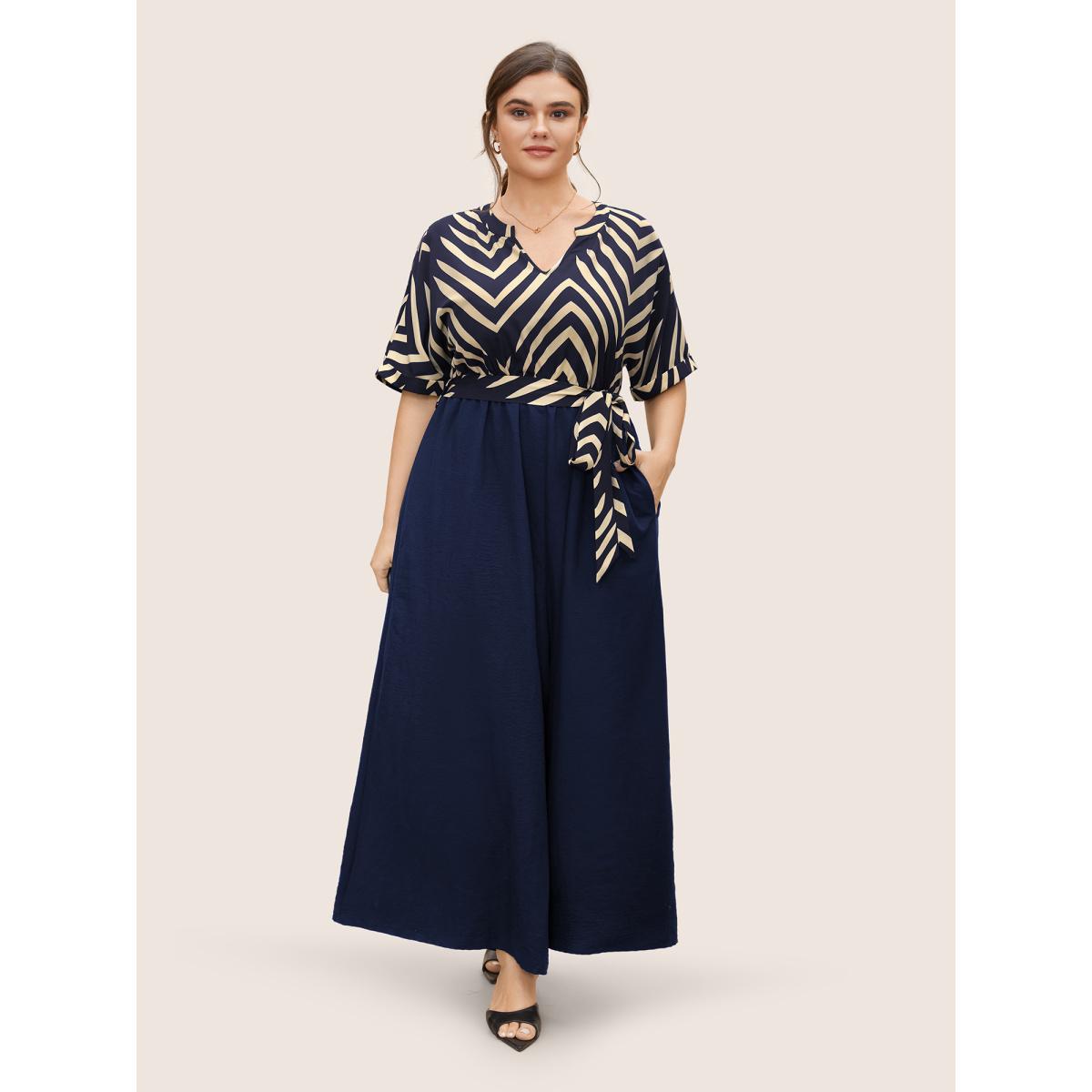 Plus Size Navy Striped Patchwork Knot Cuffed Sleeve Jumpsuit Women Work From Home Half Sleeve Flat collar with V-notch Work Loose Jumpsuits BloomChic 12/L Product Image