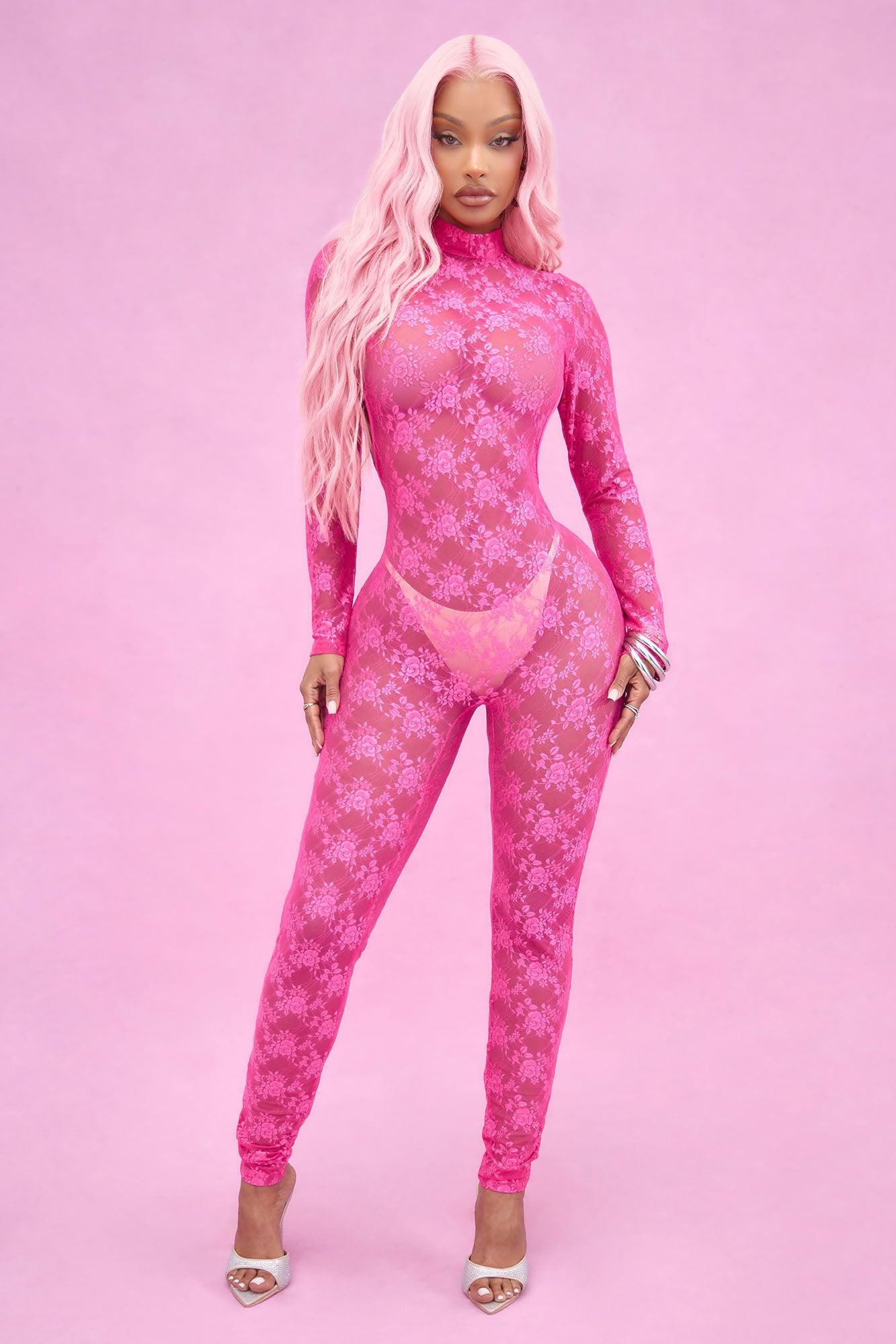 Only At Midnight Lace Jumpsuit Bodystocking - Hot Pink Product Image
