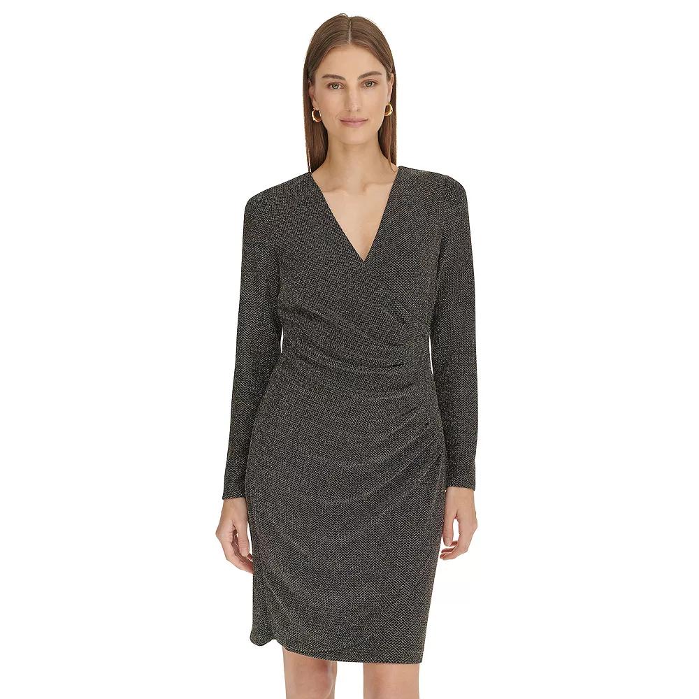 Women's Harper Rose Long Sleeve Ruched V-Neck Dress, Size: 2, Gold Black Shimmer Product Image