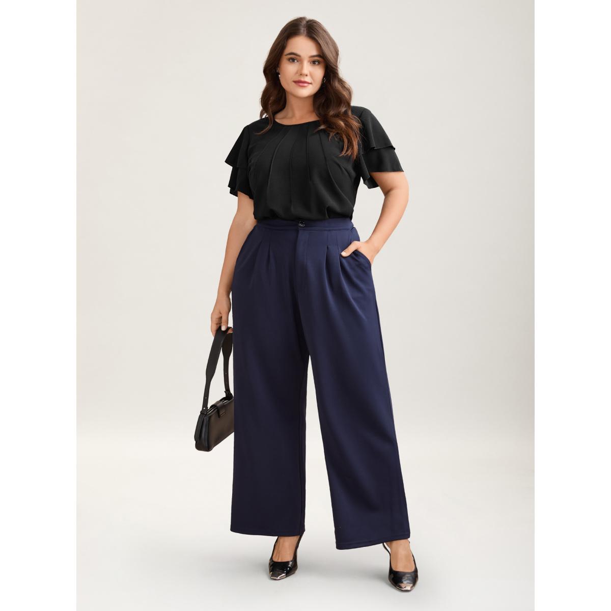 Plus Size Black Toothpick Pleat Layered Flutter Sleeve Blouse Women Office Short sleeve Round Neck Office Blouses BloomChic 22-24/3X Product Image