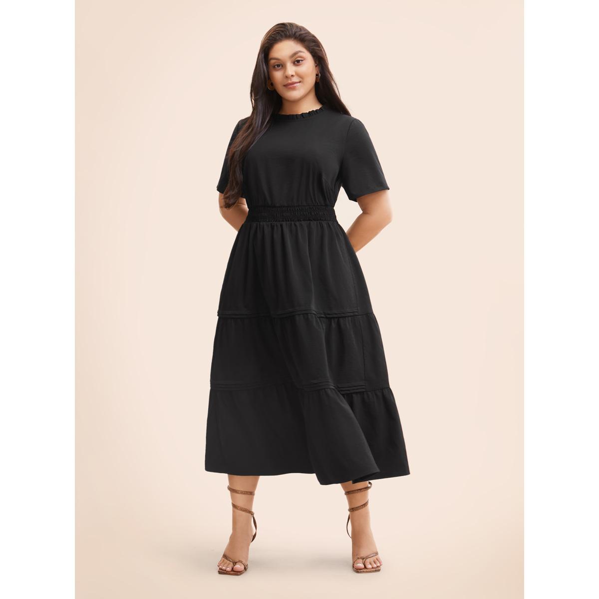 Plus Size Plain Frill Trim Ruffle Layered Hem Dress Black Women Timeless Tucked seam Mock Neck Short sleeve Curvy BloomChic 14-16/1X Product Image