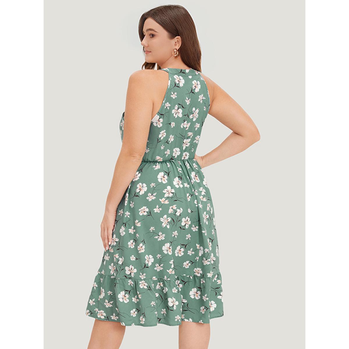 Plus Size Floral Elastic Waist Notched Pocket Ruffles Halter Dress Mint Women Elegant Patchwork Halter neck Sleeveless Curvy Knee Dress BloomChic 30/6X Product Image
