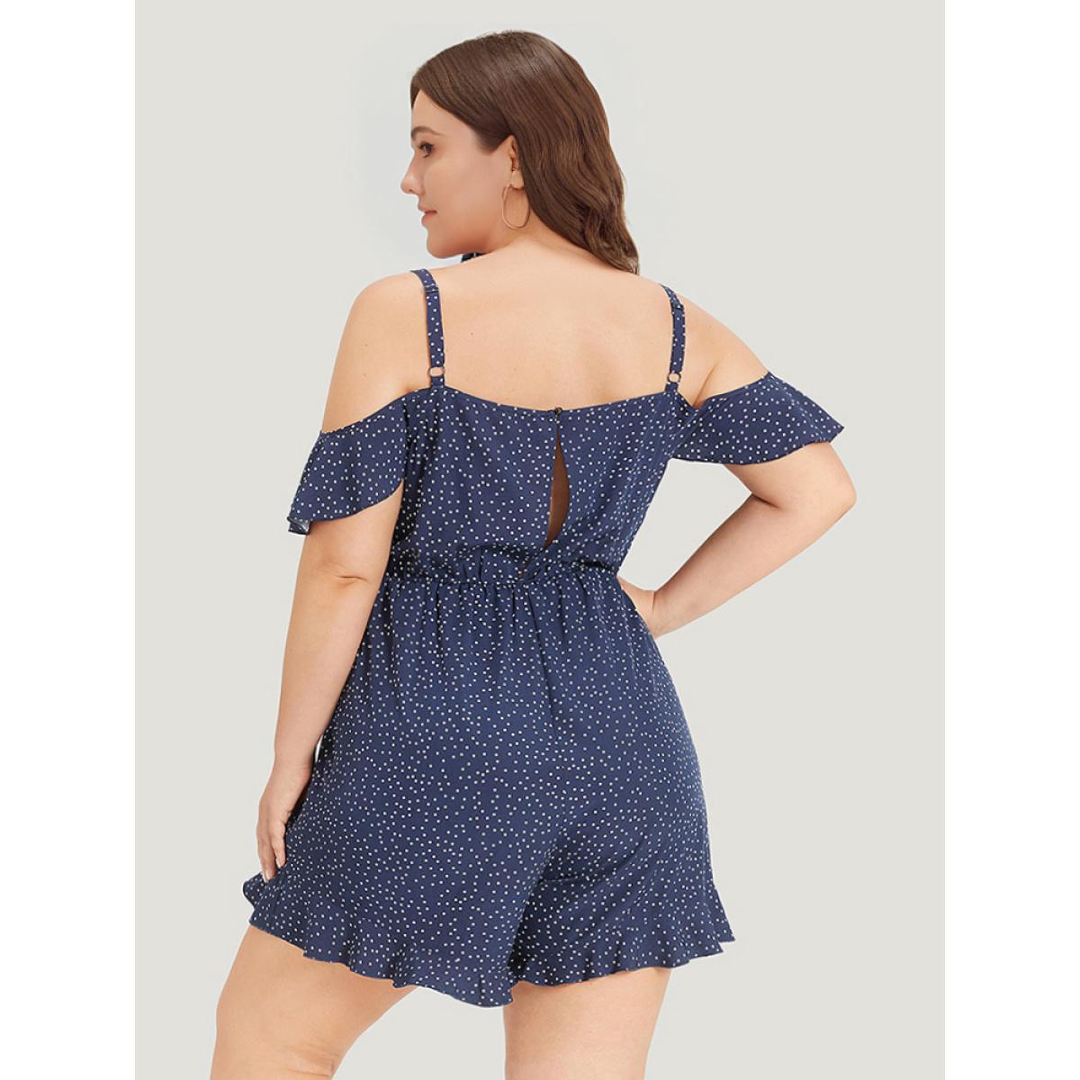 Plus Size DarkBlue Polka Dot Ruffle Trim Tie Neck Cut Out Elastic Waist Jumpsuit Women Elegant Sleeveless Cold Shoulder Dailywear Loose Jumpsuits BloomChic 18-20/2X Product Image