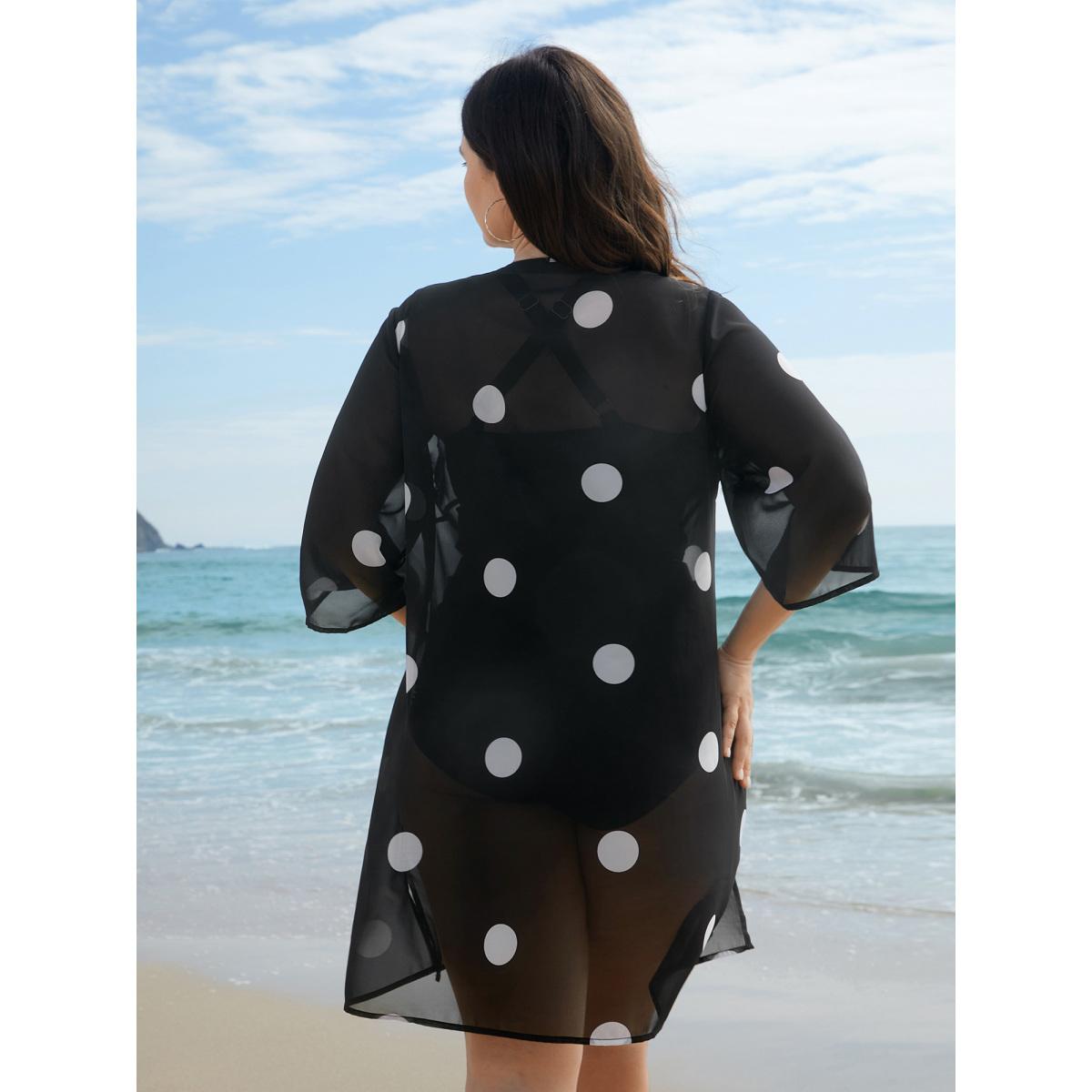 Plus Size Polka Dot Chiffon Sheer Open-Front Kimono Women Black Elegant See through Loose Everyday Kimonos BloomChic 28/5X Product Image