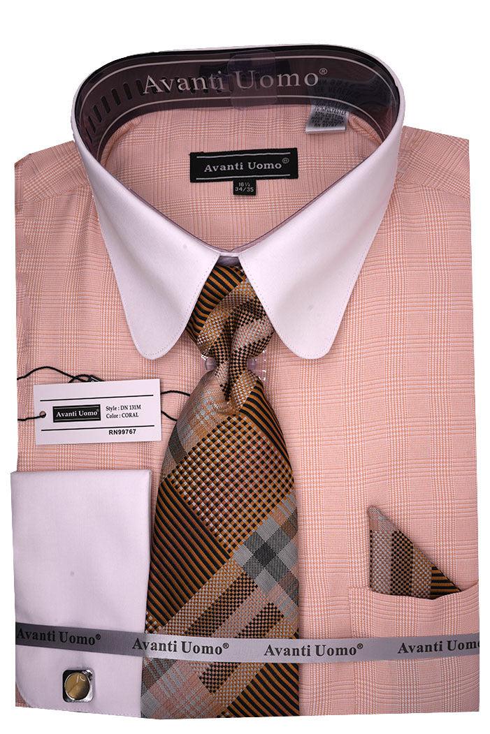 Coral Windowpane Dress Shirt Set with Tie and Handkerchief Product Image