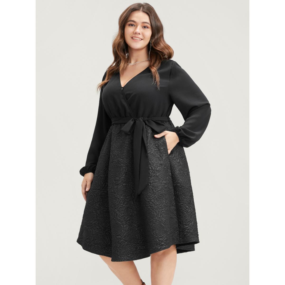 Plus Size Solid Patchwork Wrap Pocket Belted Rose Textured Dress Black Women Office Patchwork V-neck Long Sleeve Curvy Knee Dress BloomChic 30/6X Product Image
