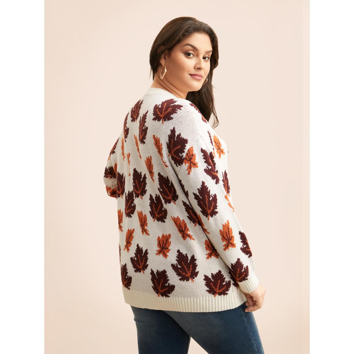 Plus Size Leaves Jacquard Drop Shoulder Sleeve Pullover Ivory Women Casual Long Sleeve Round Neck Everyday Pullovers BloomChic 10/M Product Image