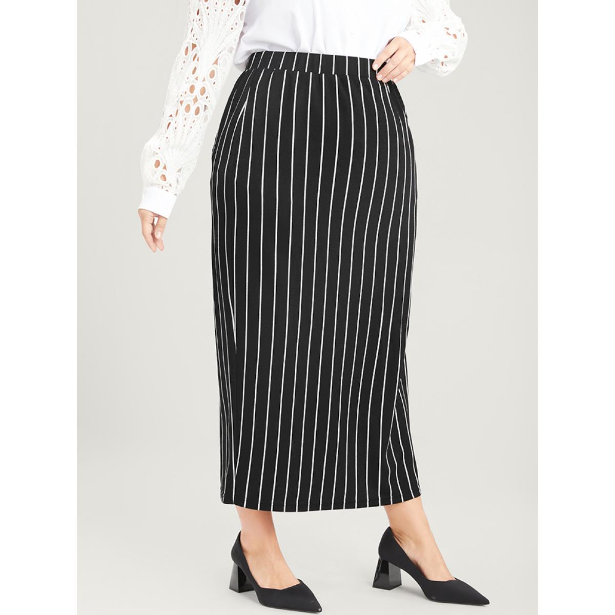 Plus Size Striped Elastic Waist Split Skirt Women Black Office Elastic Waist Medium stretch Work Skirts BloomChic 12/L Product Image