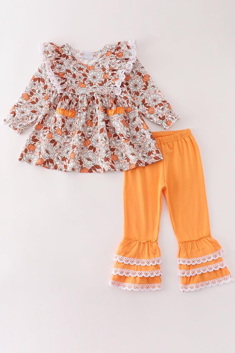 Pumpkin floral print lace ruffle set Product Image
