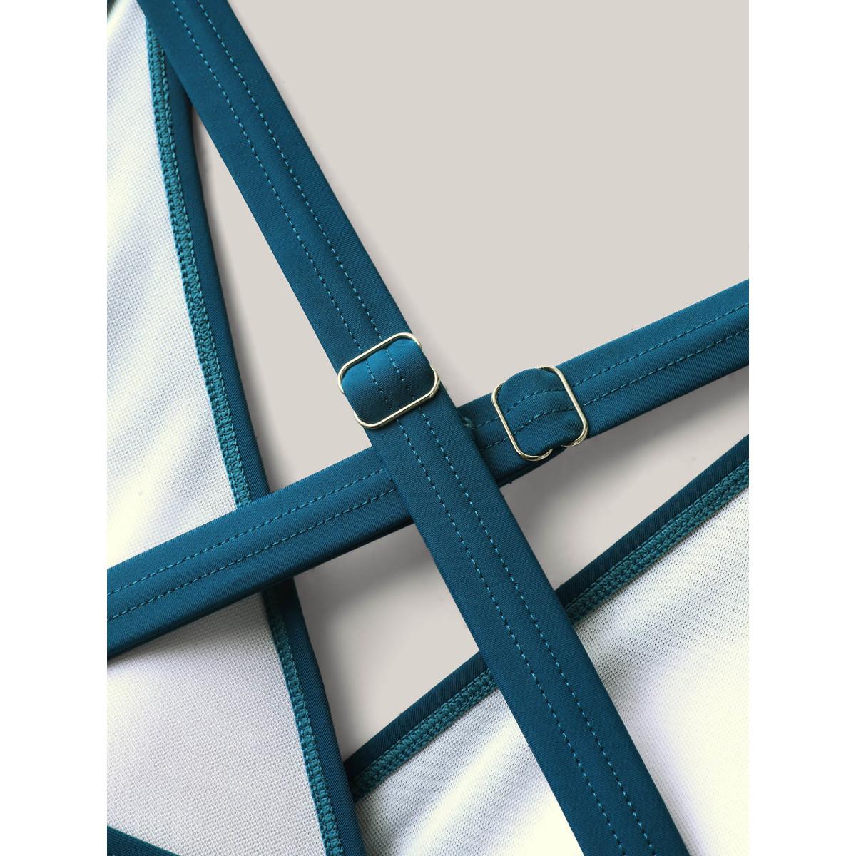 Plus Size Tropical Split Mesh Belted Swim Dress Women's Swimwear Cyan Resort Bodycon Overlap Collar High stretch Curve Swim Dresses BloomChic 14-16/1X Product Image