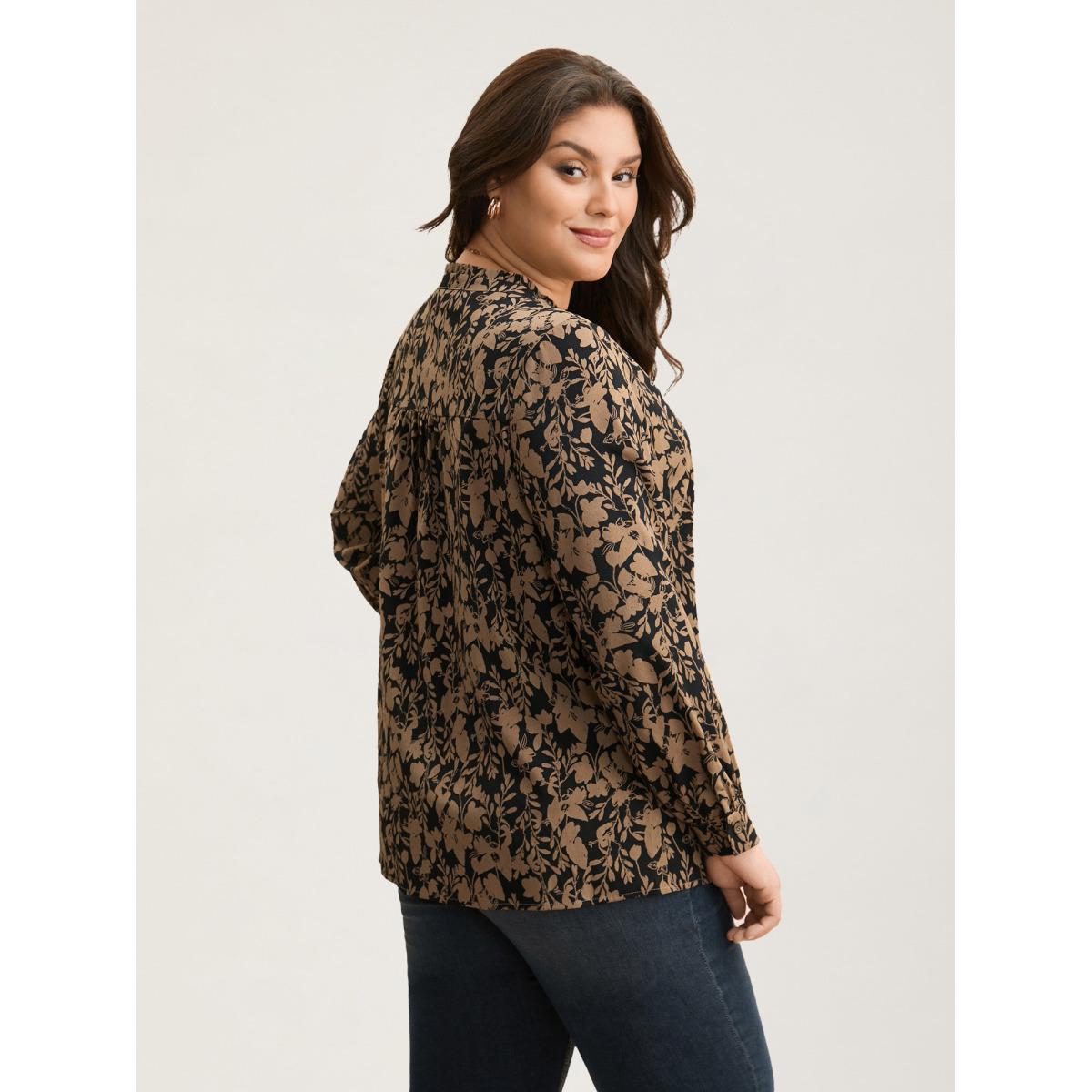 Plus Size BlackFlower Silhouette Floral Print Notched Frill Trim Blouse Women Elegant Long Sleeve Notched collar Everyday Blouses BloomChic 14-16/1X Product Image