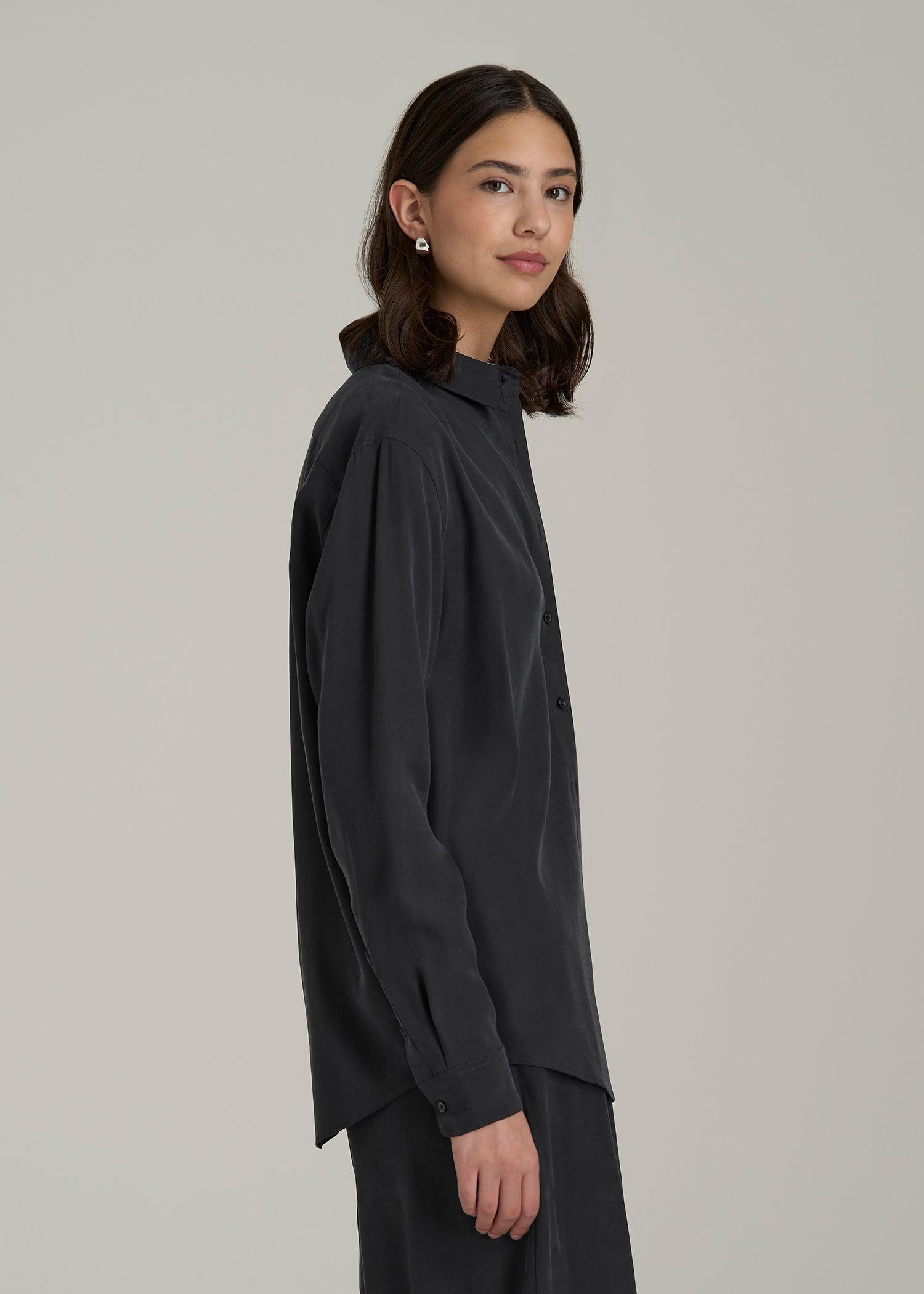 Relaxed Button-Up Single-Pocket Blouse for Tall Women in Vintage Black Female Product Image