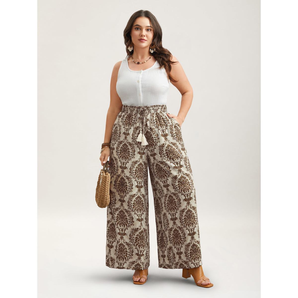 Plus Size Damask Print Tassel Straight-Leg Pants Women DarkBlue Boho Wide Leg Mid Rise Vacation Pants BloomChic 30/6X Product Image