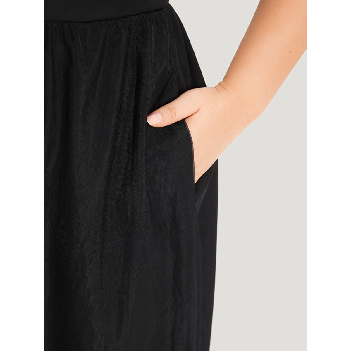 Plus Size Shirt Collar Pocket Mesh Elastic Waist Sleeveless Dress Black Women Elegant Lined Shirt collar Sleeveless Curvy Midi Dress BloomChic 26/4X Product Image