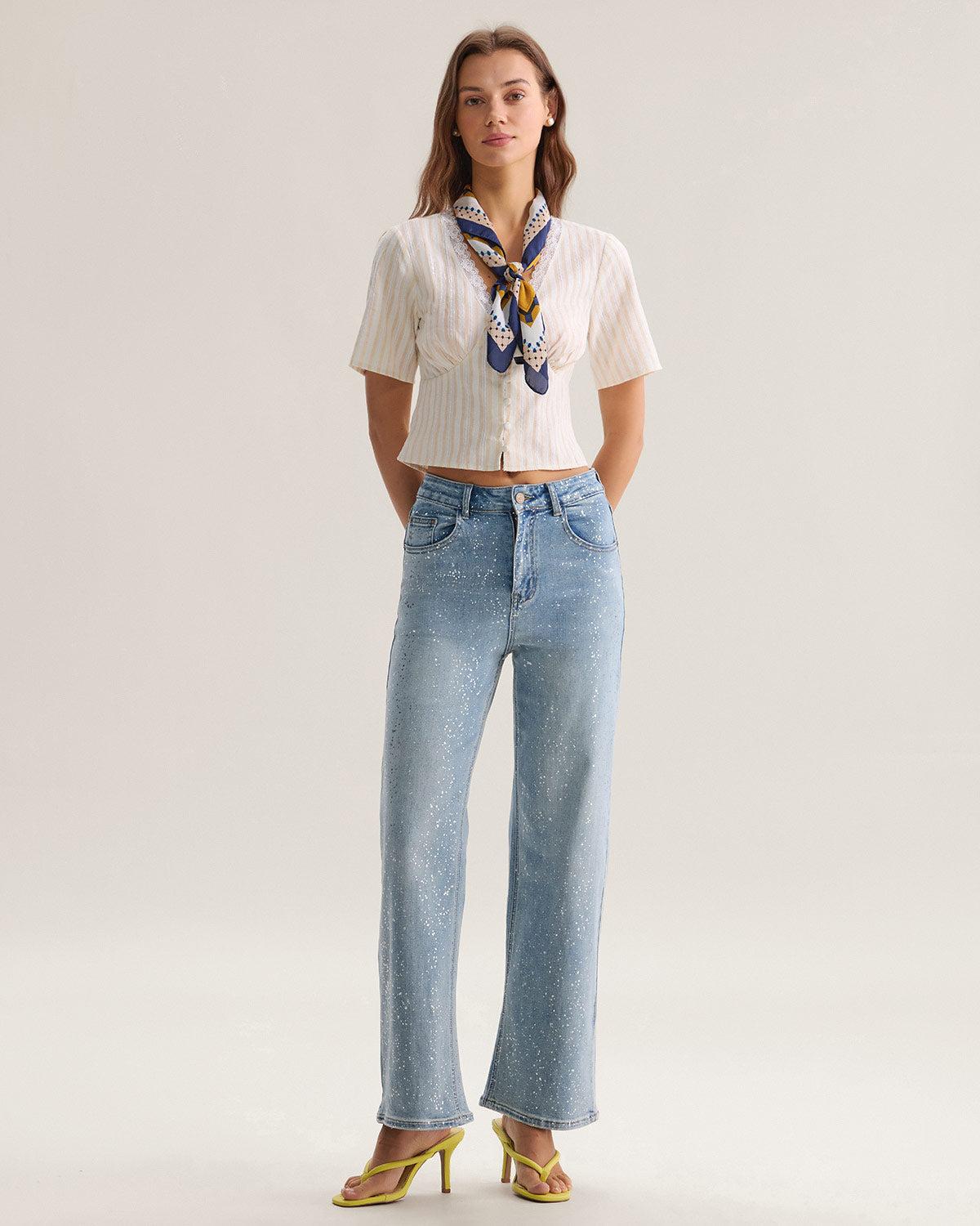 Blue Straight Sparkly Jeans Product Image