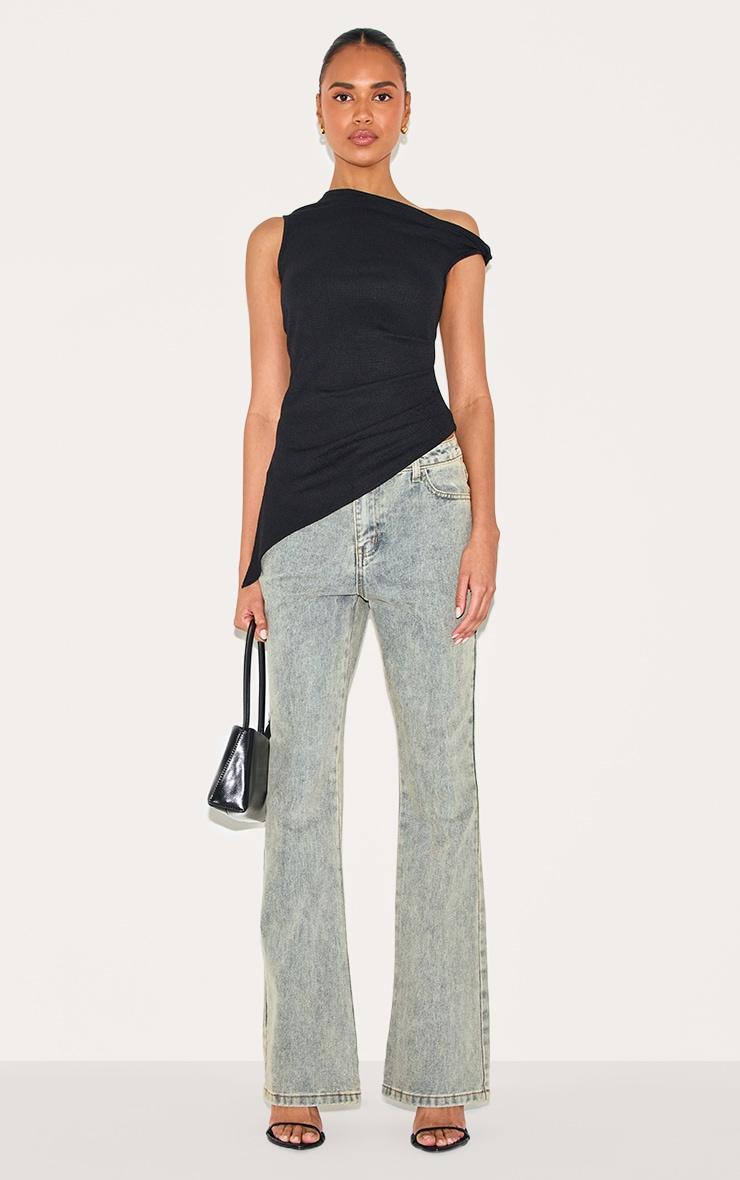 Black Textured Rib Twist Detail Asymmetric Longline Top Product Image