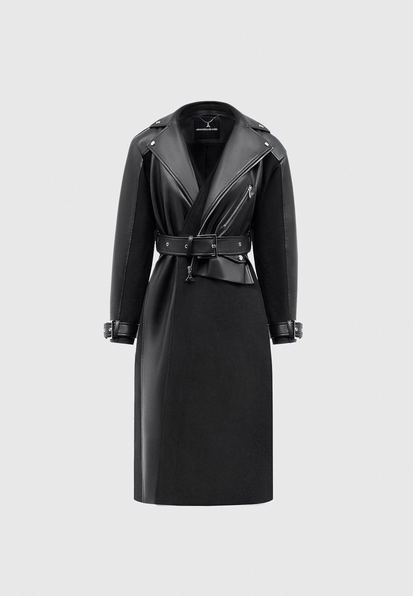 Leather Biker Trench Coat - Black Female Product Image