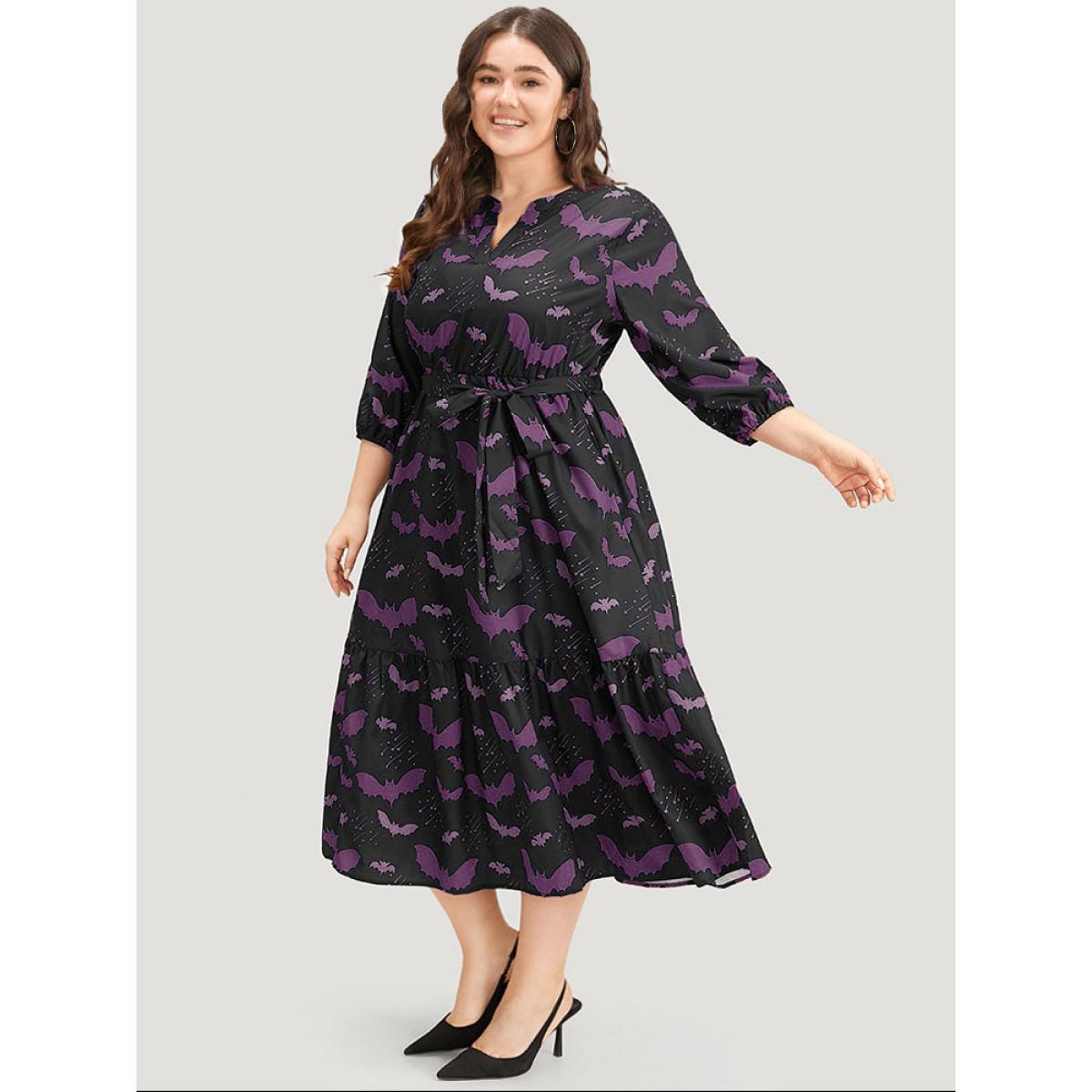 Plus Size Halloween Bat Print Notched Belted Pocket Dress Purple Women Office Elastic cuffs Notched collar Elbow-length sleeve Curvy Midi Dress BloomChic 14-16/1X Product Image