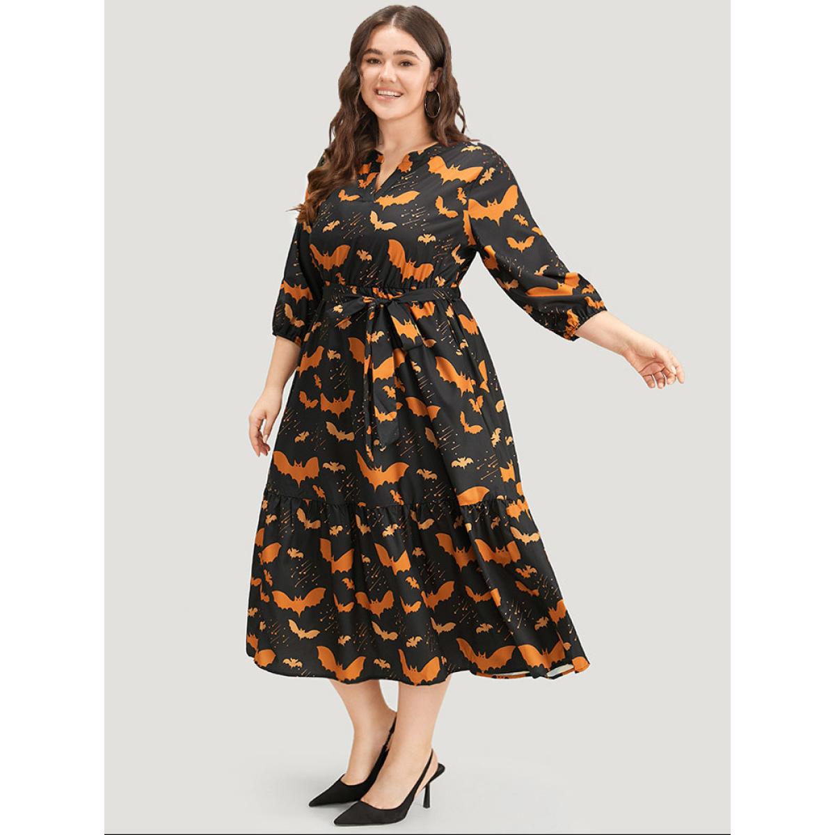 Plus Size Halloween Bat Print Notched Belted Pocket Dress Black Women Office Elastic cuffs Notched collar Elbow-length sleeve Curvy Midi Dress BloomChic 22-24/3X Product Image