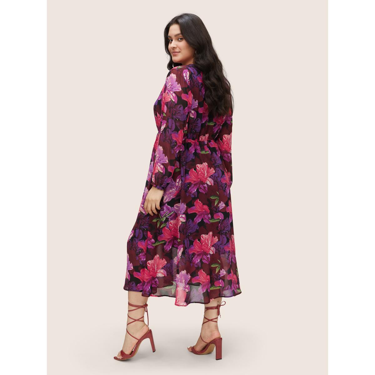 Plus Size Floral Lantern Sleeve Mesh Elastic Waist Dress RedViolet Women Elegant Non V-neck Long Sleeve Curvy Midi Dress BloomChic 10/M Product Image