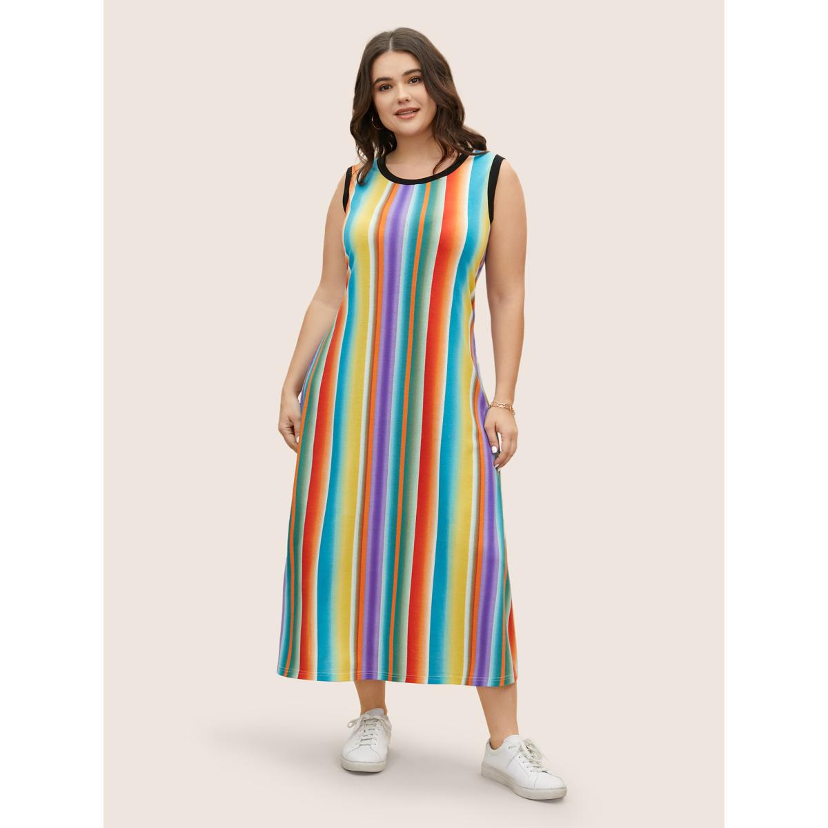 Plus Size Colorful Striped Retro Tank Pocket Dress Multicolor Women Casual Contrast Round Neck Sleeveless Curvy BloomChic 14-16/1X Product Image
