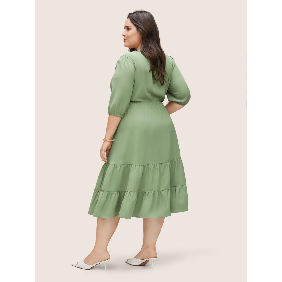 Plus Size Static-Free Solid Ruffles Gathered Layered Hem Dress Sage Women Elegant Non Notched collar Elbow-length sleeve Curvy Midi Dress BloomChic 12/L Product Image