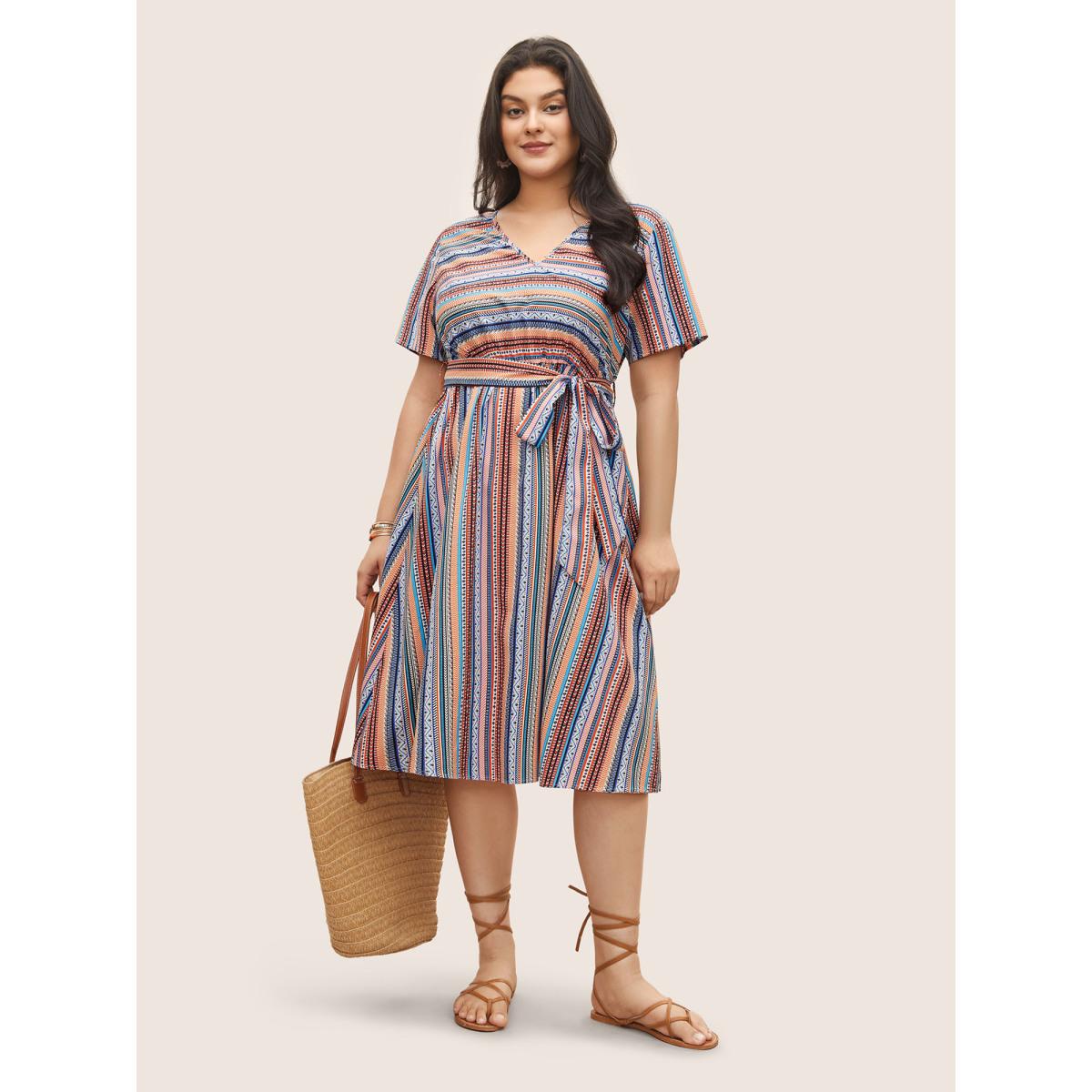 Plus Size Bandana Striped Belted Pocket Dress Orange Women Resort Non V-neck Short sleeve Curvy Midi Dress BloomChic 12/L Product Image