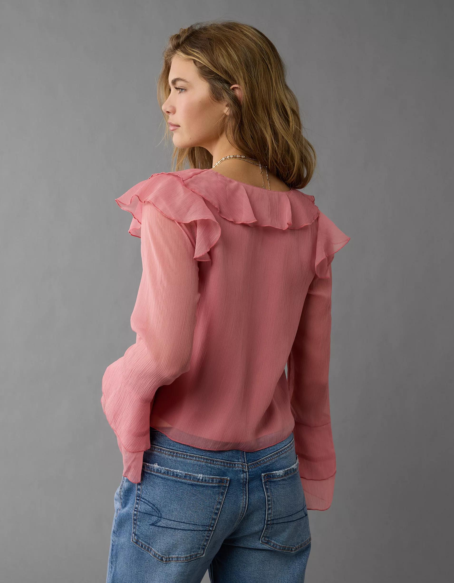 AE Long-Sleeve Chiffon Ruffle Blouse Product Image