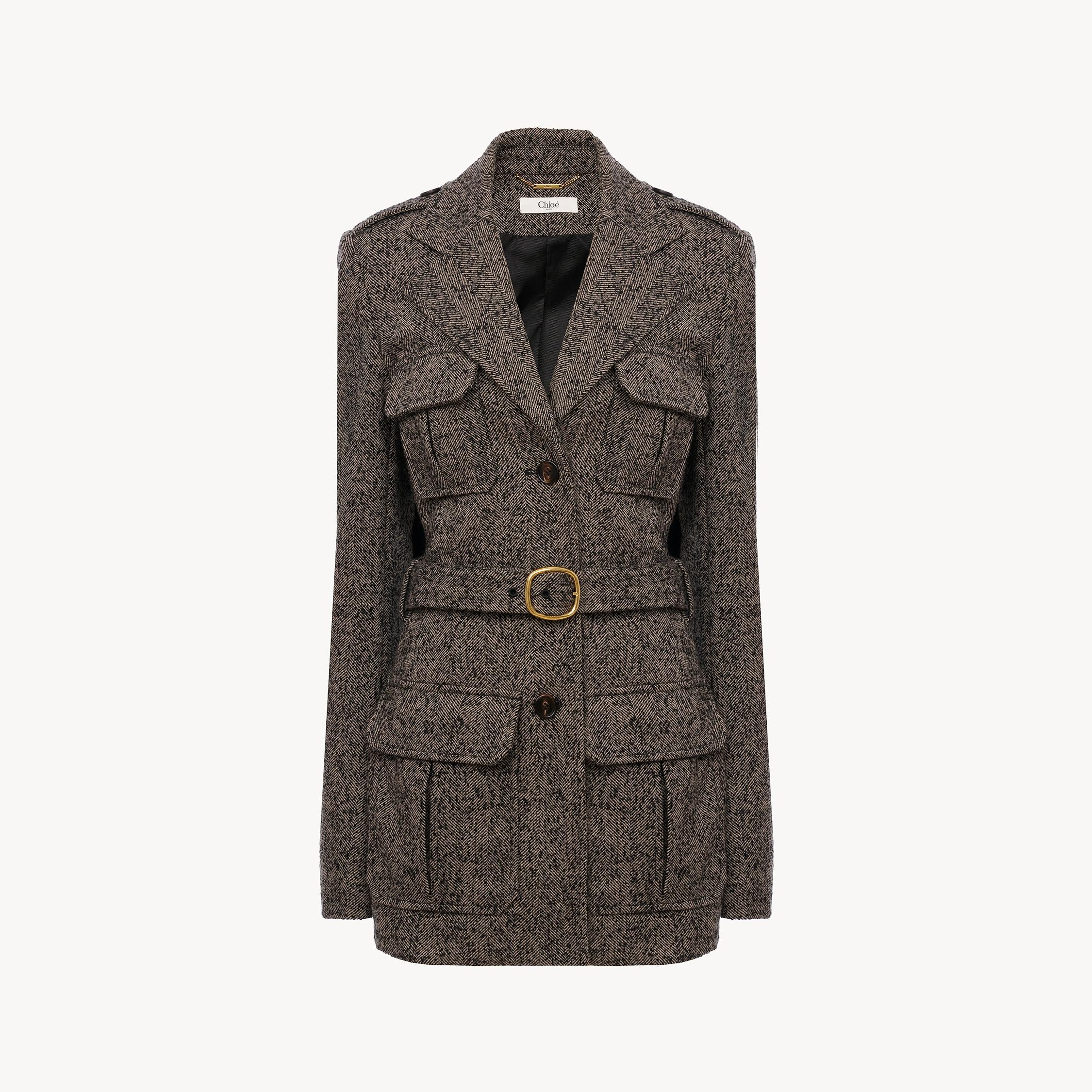 CHLOÉ Belted Herringbone Wool-blend Jacket In Brown Product Image