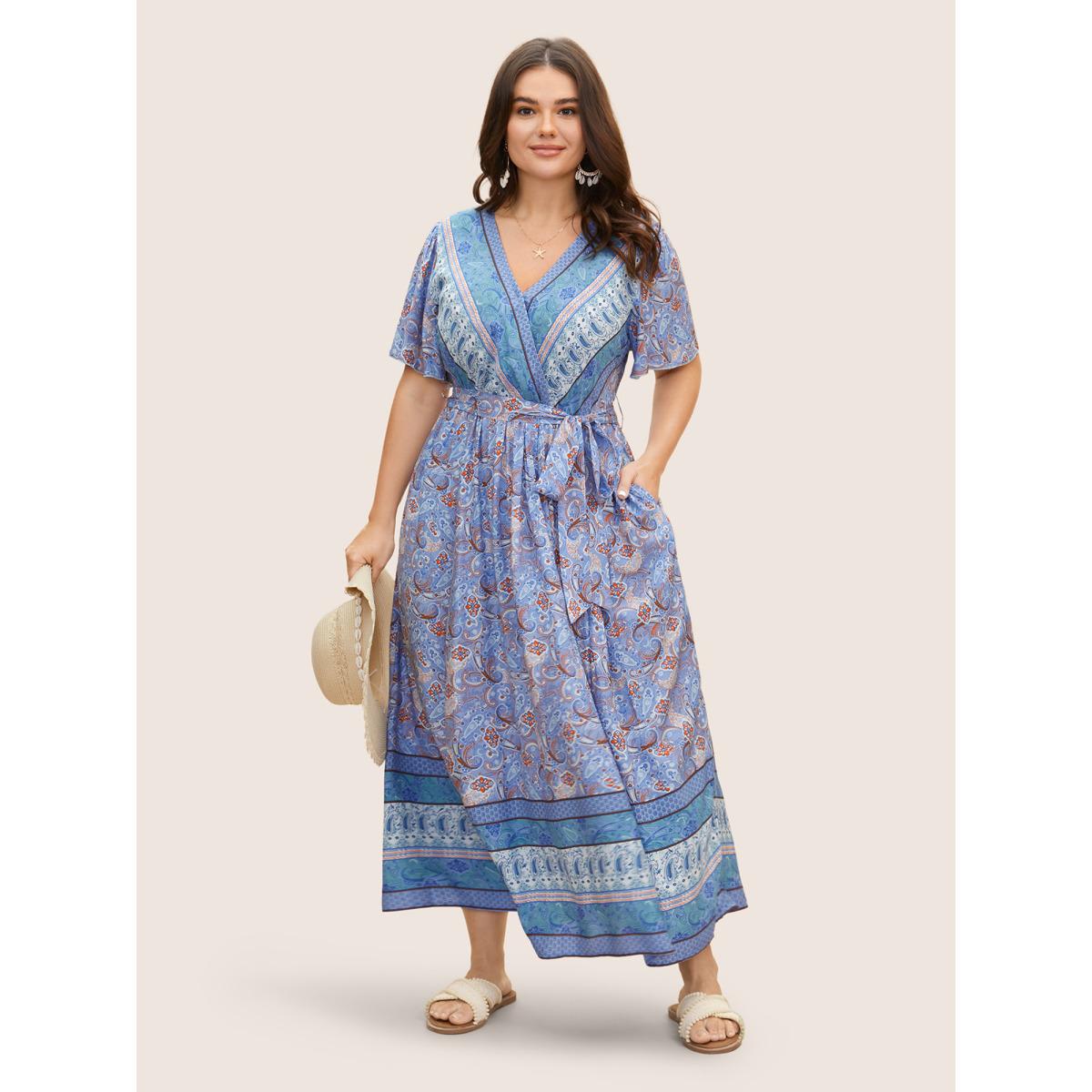 Plus Size Bandana Surplice Neck Pocket Belted Flutter Hem Maxi Dress LightBlue Women Resort Non V-neck Short sleeve Curvy Long Dress BloomChic 12/L Product Image
