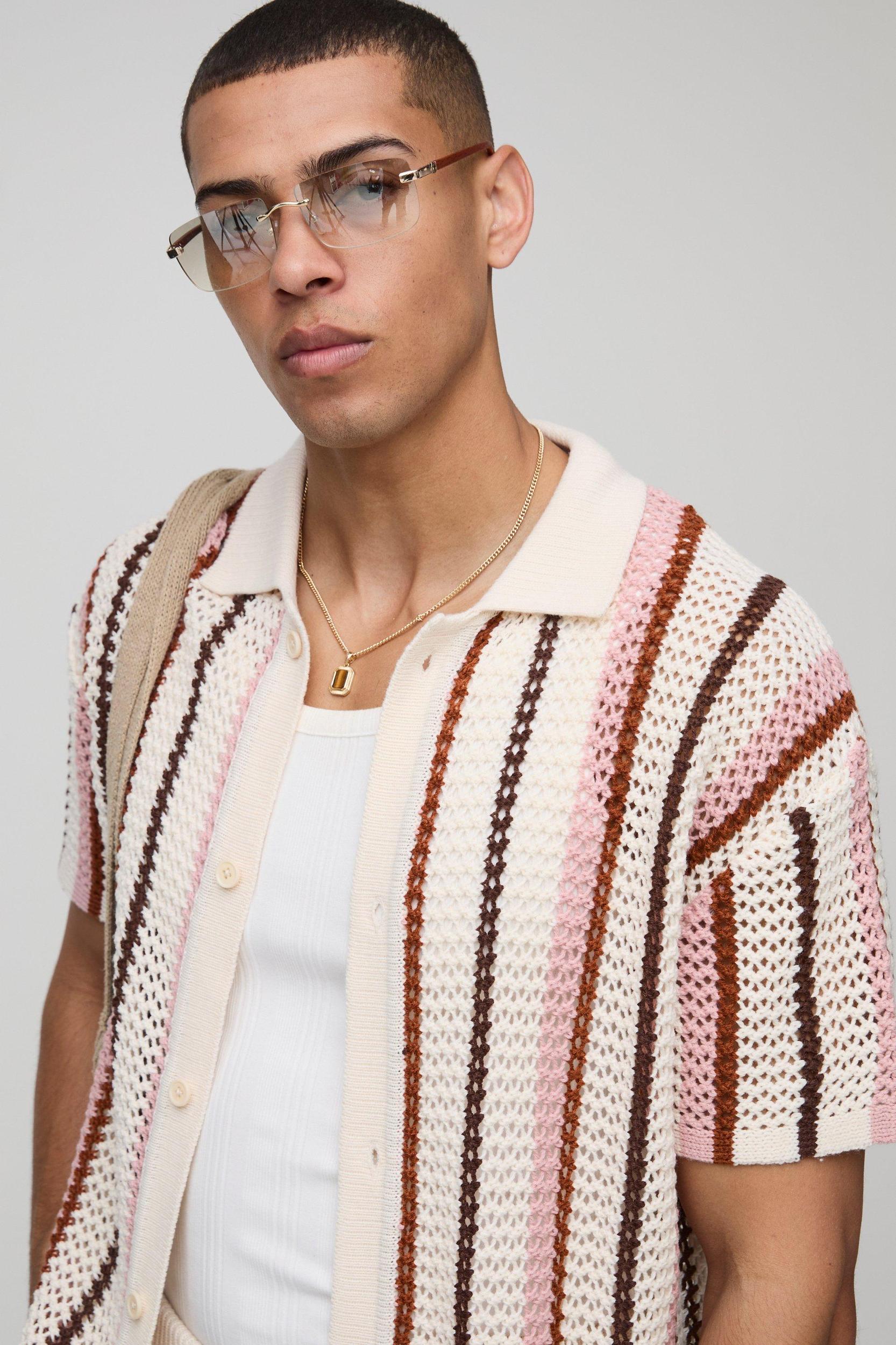 Boxy Fit Open Stitch Stripe Knitted Shirt | boohooMAN USA Product Image