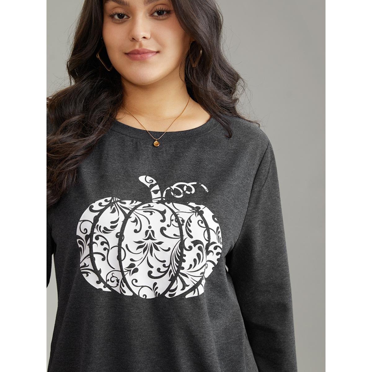 Plus Size Pumpkin Print Crew Neck Knit Sweatshirt Women DimGray Casual Printed Dailywear Sweatshirts BloomChic 30/6X Product Image