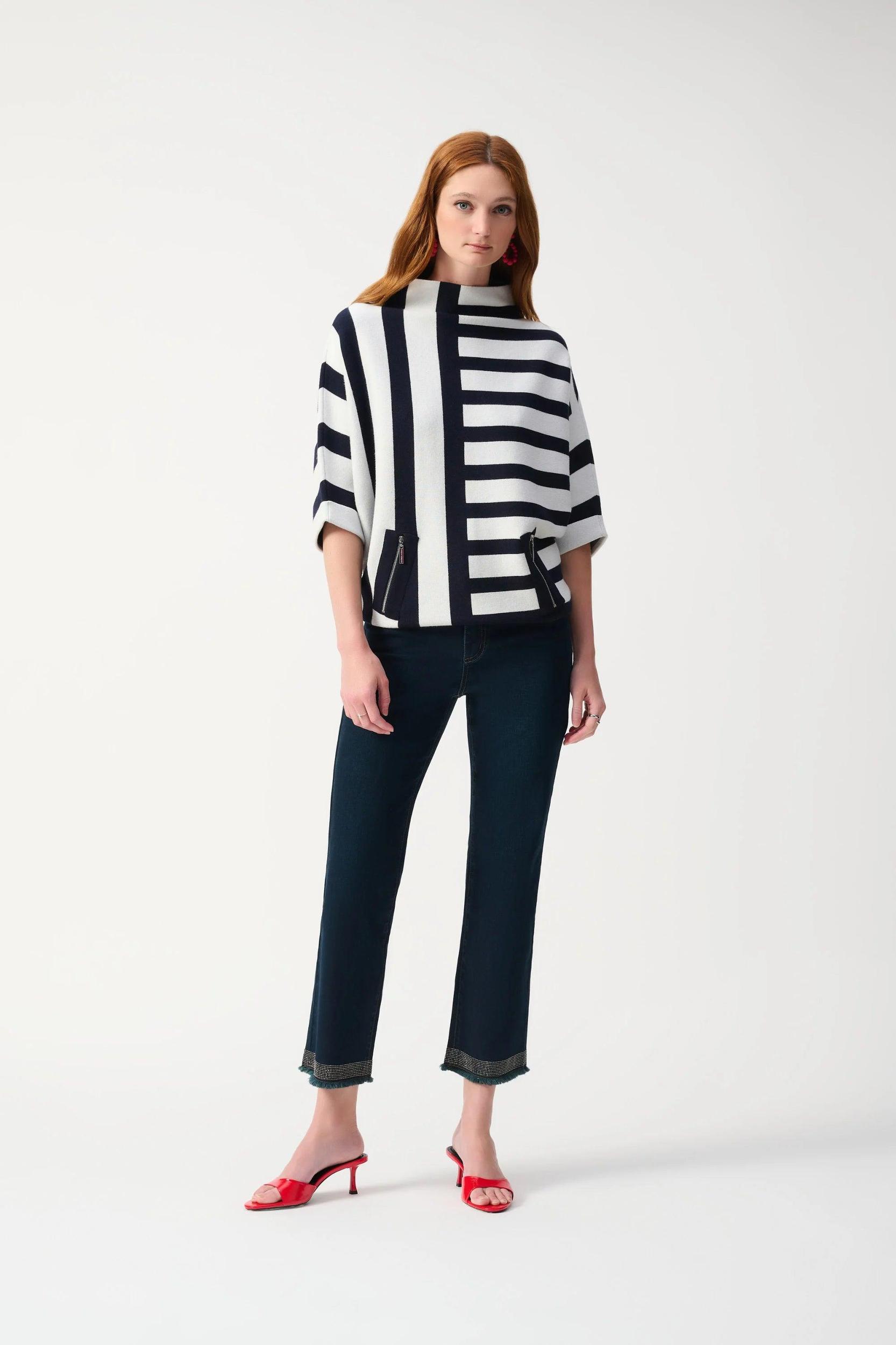 Jacquard Stripe Sweater Knit Pullover- Midnight Blue/Vanilla Product Image