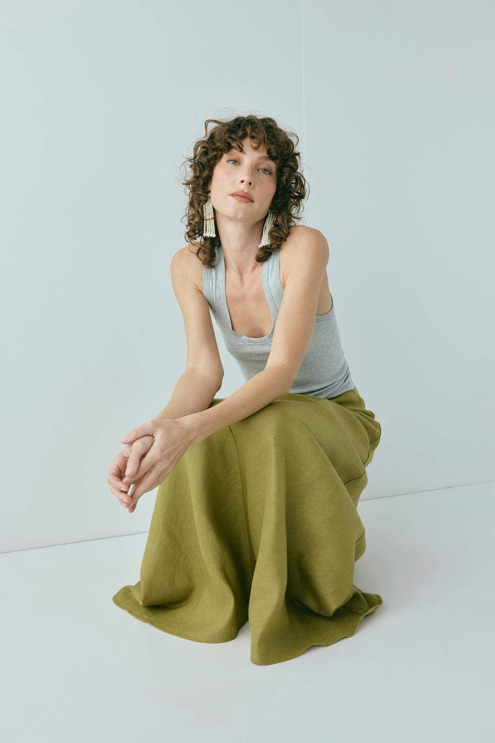 Solene Linen Maxi Skirt Olive Product Image