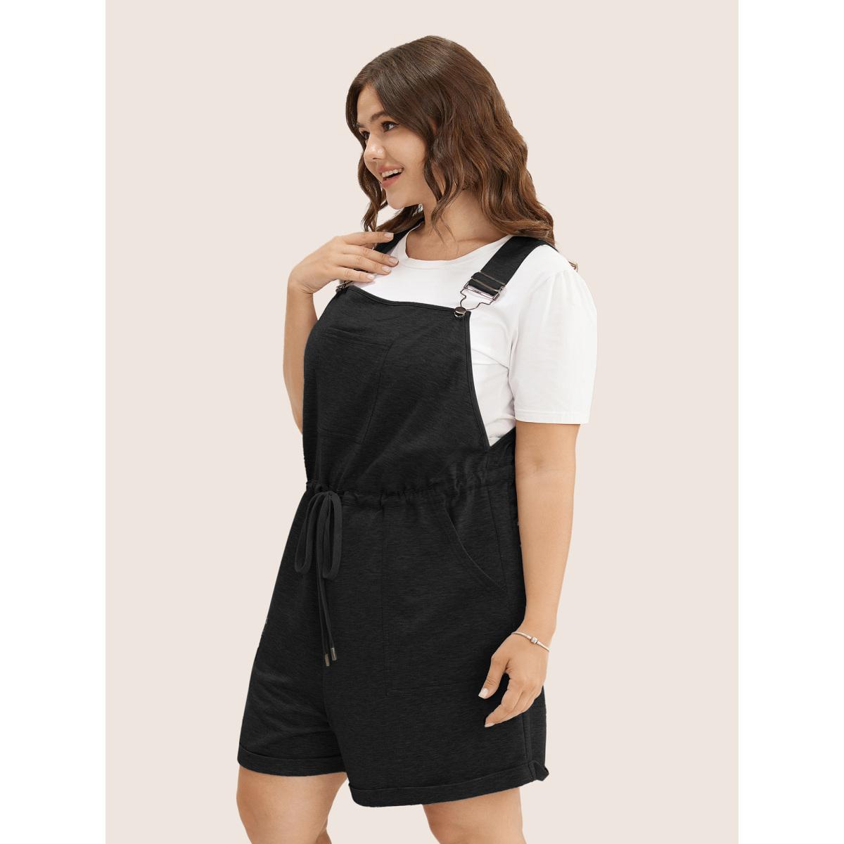 Plus Size Black Solid Pocket Drawstring Overall Romper Women Leisure Sleeveless Non Casual Loose Jumpsuits BloomChic 12/L Product Image