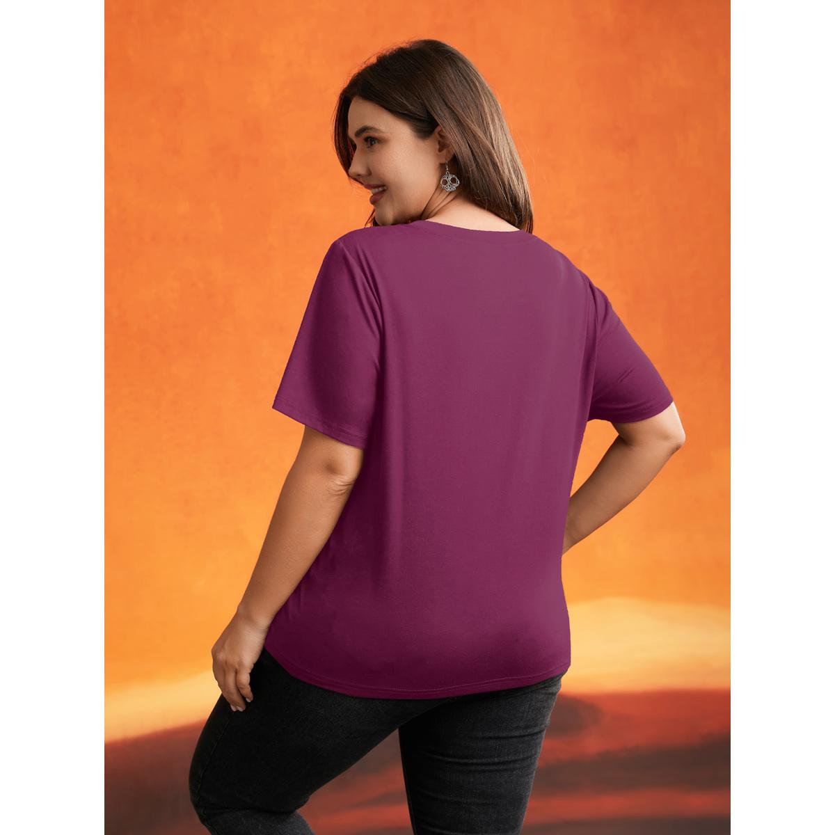 Plus Size Jack-O-Lantern Neck Hollow Embroidered T-shirt RedViolet Women Playful Cut-Out Halloween Round Neck Casual T-shirts BloomChic 14-16/1X Product Image