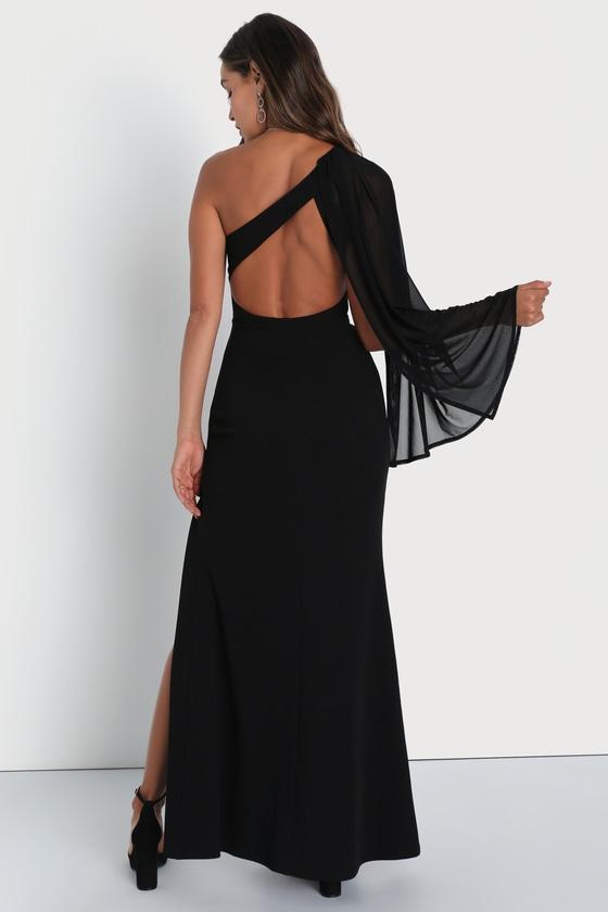Majestic Attitude Black Cape Sleeve One-Shoulder Maxi Dress Product Image