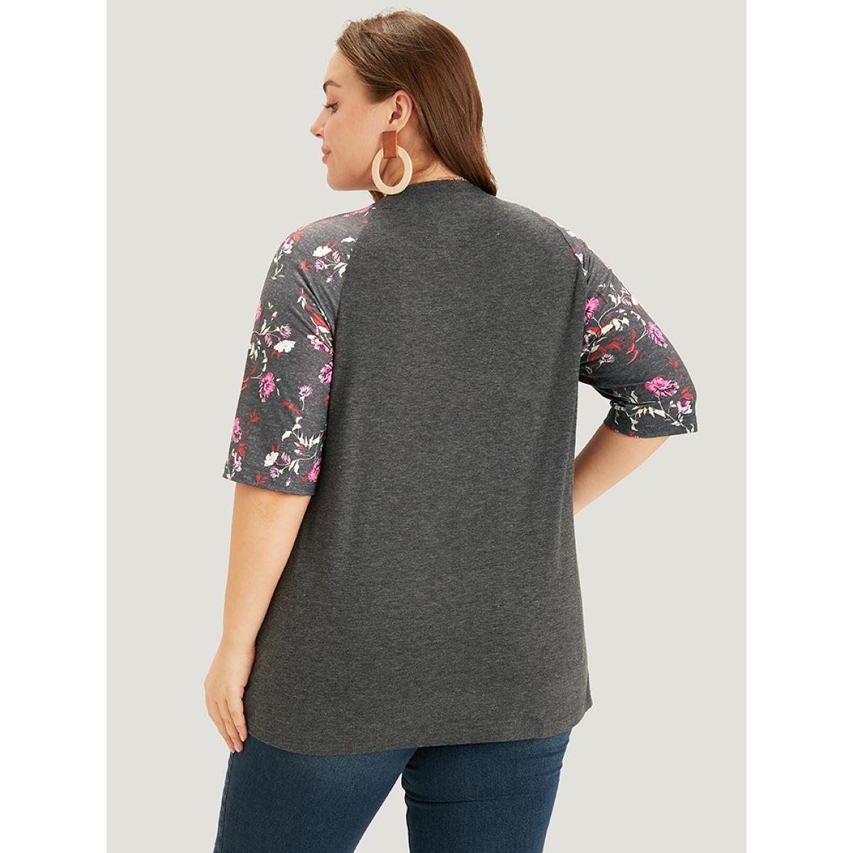 Plus Size Floral Patchwork Raglan Sleeve T-shirt Gray Women Elegant Patchwork Floral V-neck Work T-shirts BloomChic 28/5X Product Image