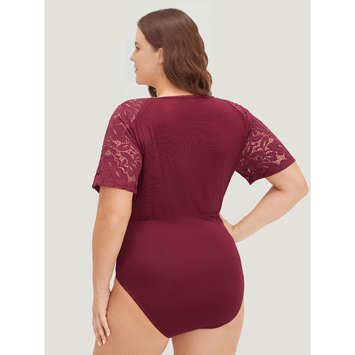 Plus Size Plain Crochet Lace Mesh Surplice Neck Bodysuit Women Burgundy Plain Wrap Bodysuits BloomChic 22-24/3X Product Image
