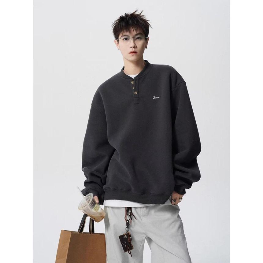 Henley Letter Embroidered Sweatshirt Product Image